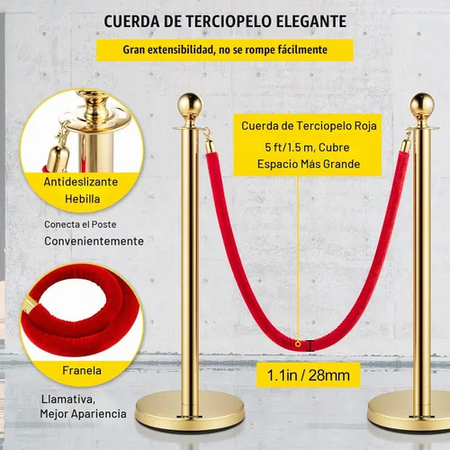 Vista 4 de VEVOR Cuerdas y postes de terciopelo, 2 piezas, cuerda de terciopelo rojo de 5 pies, poste de puntal con parte superior de bola, barreras de control