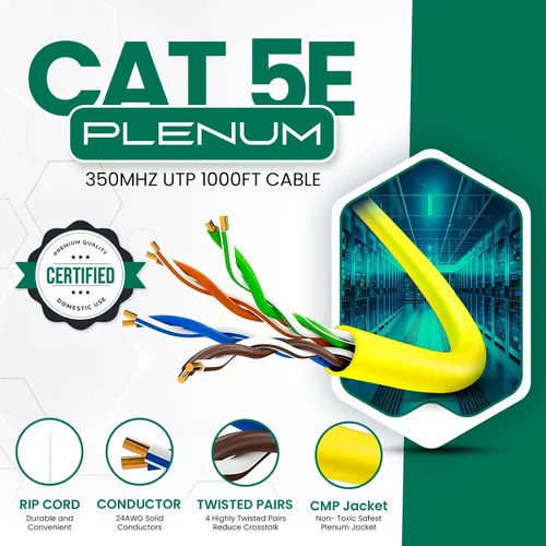 Vista 2 de Smartech Cables - Cable Plenum Cat5e de 1000 pies (CMP) - Cable de conductor sólido Cat5e de 1000 pies - 24 AWG, 350 MHz, 4 pares, cable Ethernet