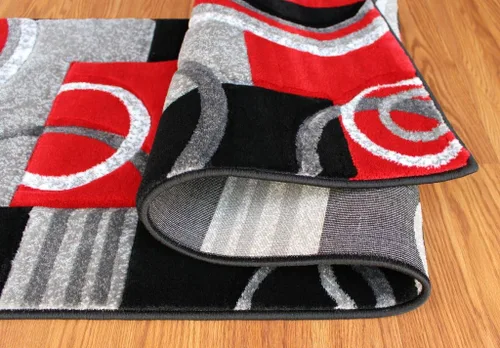 Vista 3 de Masada Rugs, Sophia Collection - Alfombra de área tallada a mano, moderna, contemporánea, rojo, gris, blanco, negro (2 pies x 7 pies 3 pulgadas)