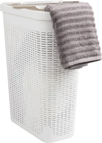 Vista 16 de Mind Reader Cesta de lavandería delgada con tapa, cesta de ropa de 40 L, diseño de mimbre premium, plástico, azul bebé