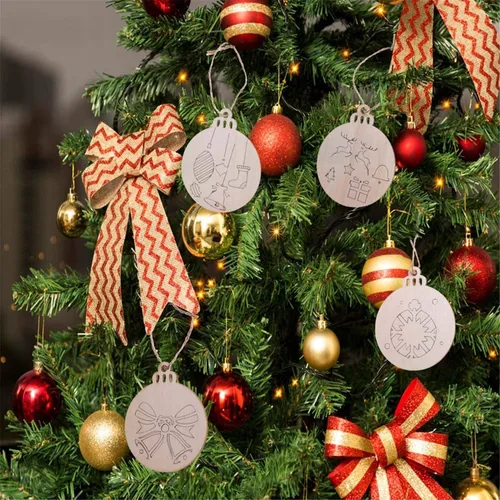 Vista 6 de 60 piezas de rebanadas de madera, adornos navideños de madera de 3.5 pulgadas, círculos de madera preperforados sin terminar para centros de mesa