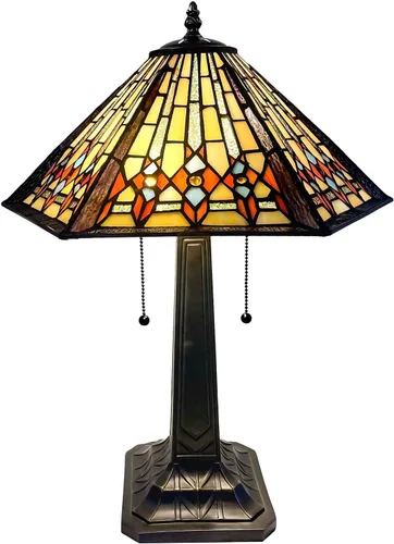 Vista 10 de Bieye L10791 - Lámpara de mesa estilo misión con luz nocturna de vidrio manchado Tiffany y pantalla cónica hexagonal, 10 pulgadas de ancho x 16