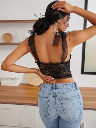 Vista 3 de SheIn Sujetador de tirantes con encaje y pestañas transparentes para mujer