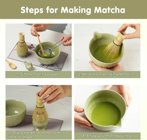 Vista 2 de Juego de batidor de matcha, juego de té japonés de 5 piezas, incluye cuenco de matcha con boquilla, batidor de bambú con soporte de cerámica