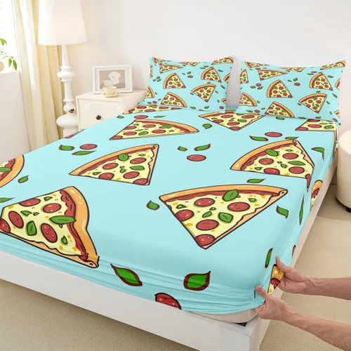 Vista 4 de Juego de sábanas de pizza de dibujos animados para niños, adolescentes, sábana bajera moderna y bohemia para niños y adultos, suave, verde