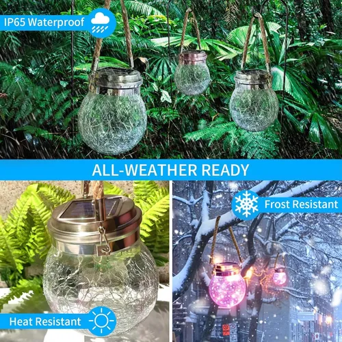 Vista 5 de Luces solares colgantes para exteriores, VGE Paquete de 2 luces de bola de vidrio agrietado con 30 LED decorativas, luces solares impermeables