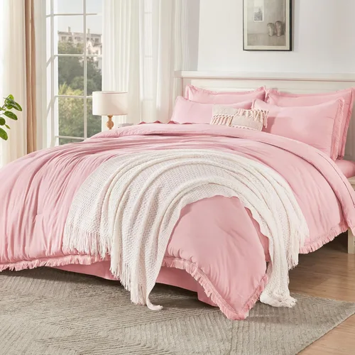 Vista 24 de Andency Juego de ropa de cama con edredón tamaño matrimonial beige con sábanas - 7 piezas, estilo bohemio con borlas, ropa de cama ligera en una 01