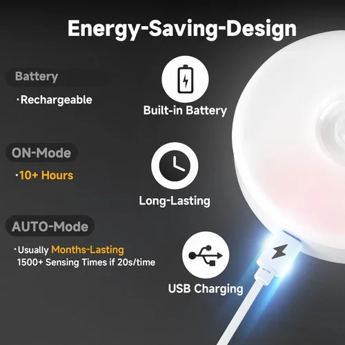 Vista 4 de Luz de sensor de movimiento LED recargable mejorada para interiores, batería brillante y duradera, luces de disco adhesivas con sensor de movimiento