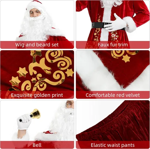 Vista 6 de Juego de disfraz de Papá Noel de 12 piezas de disfraz de Papá Noel para hombres y adultos traje de Papá Noel de lujo Outifit Cosplay Santa Accesorios