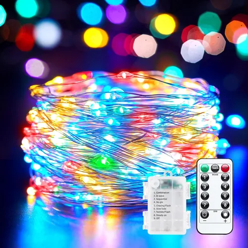 Vista 14 de Minetom - Luces de hadas a pilas con control remoto, 33 pies, 100 luces LED impermeables para interior y exterior, luz titilante estrellada