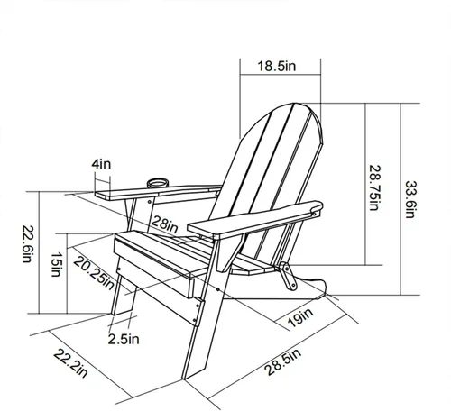 Vista 3 de Silla Adirondack plegable con soporte para tazas, silla de exterior de HDPE resistente a la intemperie, silla de césped de grano de madera para Negro