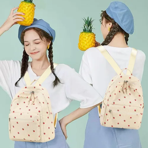Vista 9 de Bluboon Mini mochilas para niñas pequeñas, mochila escolar, mochila kawaii para mujer, Pana Fresa-beige, Pequeño, Mini mochila casual para niñas