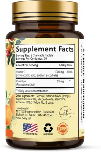 Vista 9 de Vitamin C 1000mg Per Serving - Extra Strength with Rose Hips Bioflavonoids - Sugar Free Vitamin C Chewable Pills, Vit C Supplement for Immune