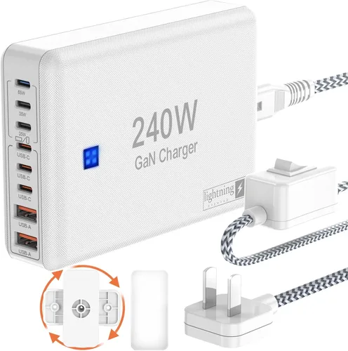 Vista 12 de Estaciones de carga múltiple de 8 puertos de 200 W con enchufe plano, cable de alimentación trenzado e interruptor de encendido/apagado