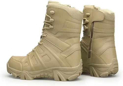 Vista 6 de Botas de trabajo tácticas militares para hombre, con cremallera lateral, ligeras, botas de combate para motocicleta, botas de combate para el Beige