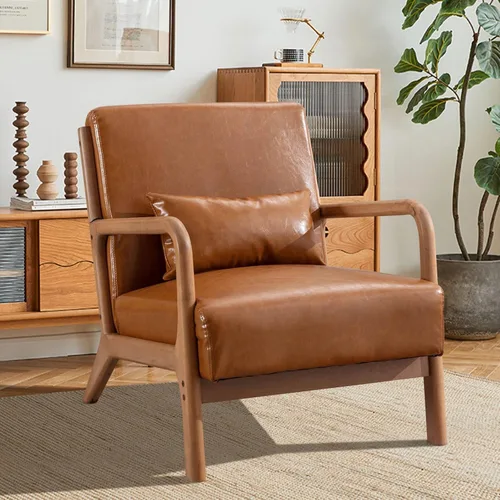 Vista 20 de INZOY Silla con acento moderno de mediados de siglo con marco de madera, sillas tapizadas para sala de estar con cojín lumbar, silla de lectura
