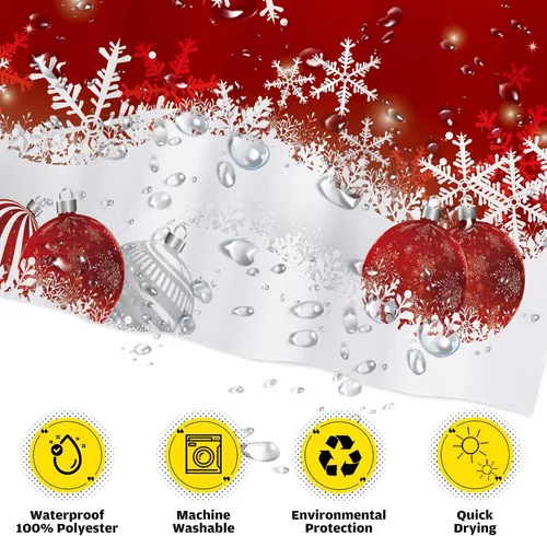 Vista 3 de Funnytree 72"x72" Cortina de ducha roja con copos de nieve de Navidad, brillantes, chispeantes, con efecto bokeh para decoración de baño, lavable a