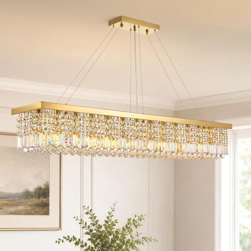 Vista 12 de Siljoy Candelabro de Cristal Moderno de 6 Luces Rectangular Dorado K9 Candelabro de Cristal en Forma de Gota de Lluvia para Comedor, Lámpara