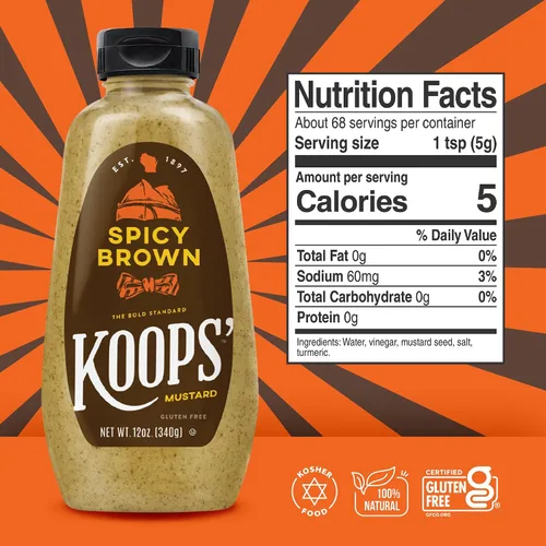 Vista 2 de Koops' Mostaza marrón picante – Mostaza picante, sin gluten, kosher, fabricada en Estados Unidos, a partir de semillas de mostaza de calidad, sabor