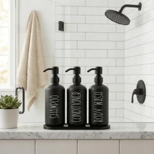 Vista 5 de MOMEEMO Botellas reutilizables para champú y acondicionador con bandeja Negro Negro