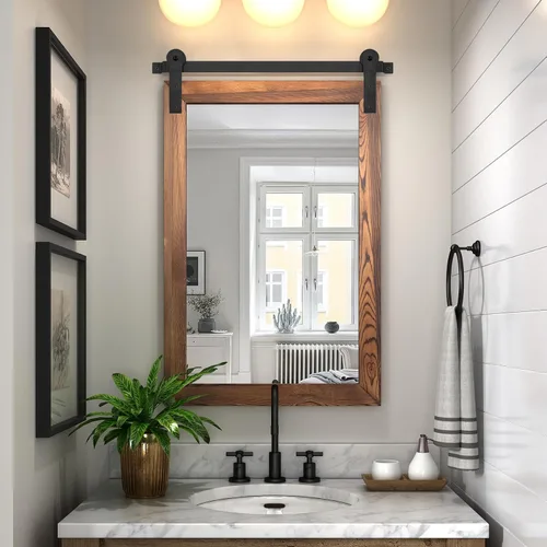 Vista 74 de COGOOD Espejo de puerta de granero de granja, 25 x 18 pulgadas, espejo decrativo con marco de madera rústica para baño, sala de estar, decoración