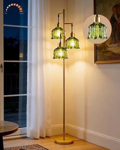 Vista 17 de Lámpara de pie moderna de cristal de 3 luces, lámpara alta de pie dorada con pantalla de vidrio de piña roja profunda, lámpara de pie LED regulable