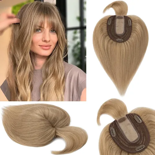 Vista 8 de S-noilite Toppers de cabello humano real con flequillo, postizo de clip con flecos, densidad del 130%, base de seda, 1.58 oz, 10 pulgadas, negro