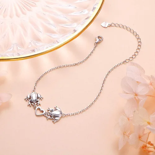 Vista 5 de Alphm Juego de joyas de plata de ley S925 con forma de corazón de rana, anillo y pulsera para mujeres y niñas