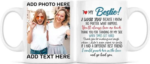 Vista 17 de Taza de café con texto en inglés "Because Of You I Laugh", regalo para mujeres, mejores amigas, mejores amigas, tazas personalizadas de amistad