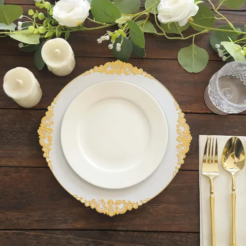 Vista 17 de Efavormart - Paquete de 10 platos de postre barrocos negros y dorados de 8 pulgadas, platos de aperitivo resistentes con borde metálico en relieve