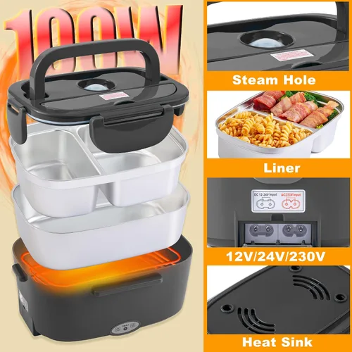 Vista 6 de Nifogo 100W Heated Bowl for Car and Truck and Office Electric Lunch Box 3 in 1 Stainless Steel 12 V 24 V and 230 V – Lunch Box 1.5 L x 2 with Grey