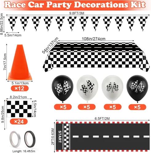 Vista 2 de Decoraciones de fiesta de coches de carreras, set de 61 piezas AHIER - 12 conos de tráfico y 24 banderas a cuadros de carreras, alfombra de pista