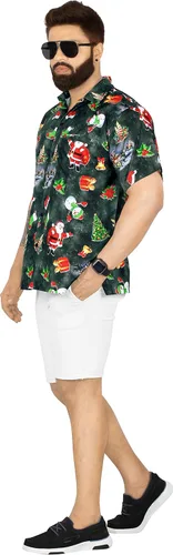 Vista 3 de LA LEELA Camisa de vestir de manga corta para hombre, diseño de Papá Noel, para vacaciones, hawaiano, de Navidad, para hombre