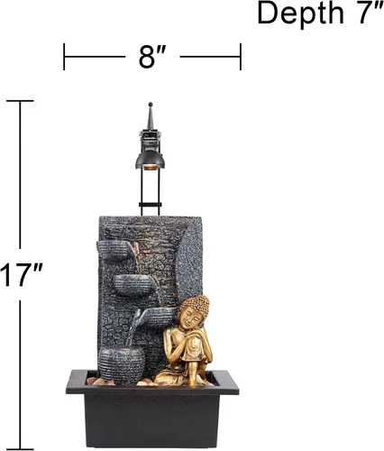Vista 4 de Kneeling Gold Buddha de 17 pulgadas de alto, pequeña fuente de mesa de piedra sintética para interiores y exteriores, fuente de mesa de piedra