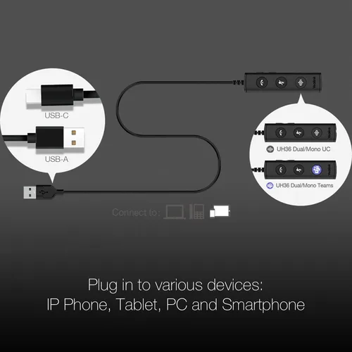 Vista 3 de GTW Yealink UH34 Duo Teams Certified Lite - Auriculares con cable (USB-C), se conectan al escritorio, PC/Mac, softphones - Funciona con equipos