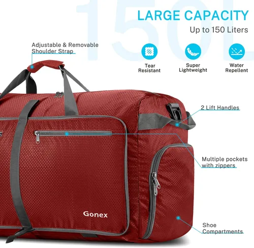 Vista 4 de Gonex Bolsa de viaje plegable 150L Negro y Rojo