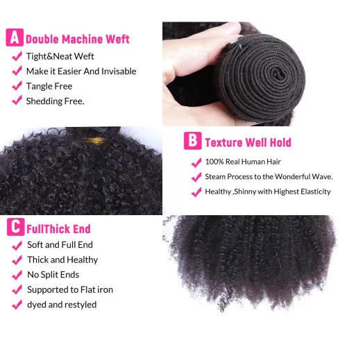 Vista 4 de Paquetes de cabello humano rizado afro mongol de 8, 8, 8 pulgadas, 4B 4C, afro, a granel, cabello humano virgen sin procesar, extensiones de cabello