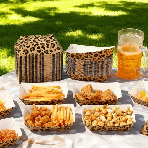 Vista 5 de Yinkin 100 bandejas de comida de papel con estampado de leopardo de 2