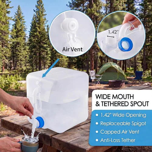 Vista 4 de Contenedor de agua plegable con espita y ventilación, jarra de almacenamiento de agua de 5.3 galones sin BPA, transportador de agua portátil