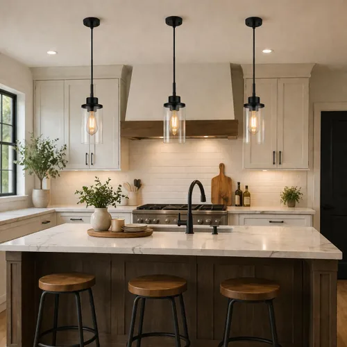 Vista 7 de Moderna Lámpara Colgante de Granja Negra de Vidrio Transparente Cilíndrico, Iluminación Colgante de Metal Industrial Mini para Isla de Cocina, Mesa