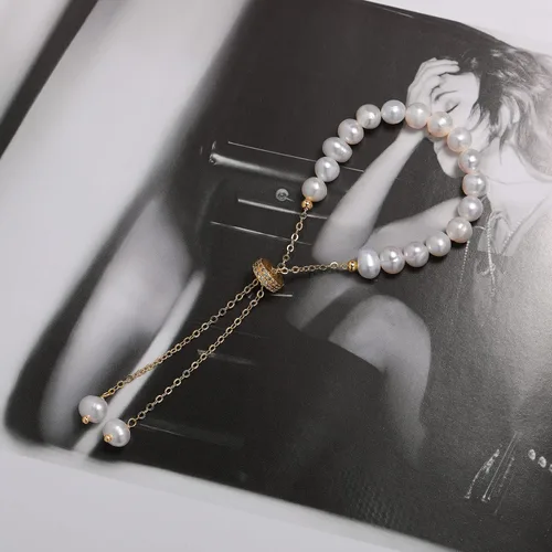 Vista 8 de Cowlyn Bossimi - Pulsera de perlas, eslabones de cultura barroca, chapado en oro de 14 quilates, ajustable, a la moda, dije de San Valentín, joyería