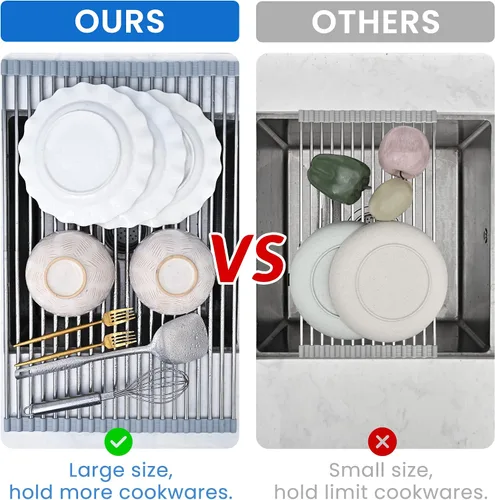 Vista 4 de Escurridor de platos enrollable de acero inoxidable 304 Romise Adjustable Over The Sink Dish Drying Rack for Kitchen, 10"-20" Foldable Dish Rack