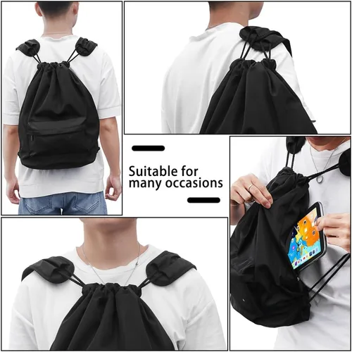 Vista 4 de Mochila deportiva ligera con cordón, mochila multiusos para viajes, para mujeres, hombres, gimnasio, deportes, yoga, Negro -, Mochilas Daypack