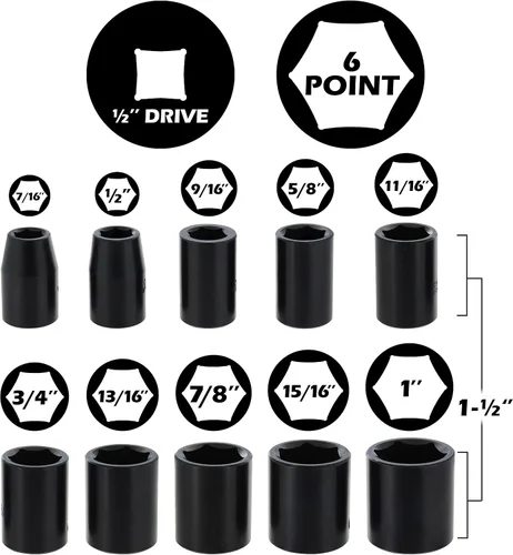 Vista 2 de Juego de llaves de vaso de impacto de 1/2 pulgadas SAE/pulgadas - Juego de llaves de vaso Mpact poco profundas de 1/2 pulgada - 10 piezas de 6