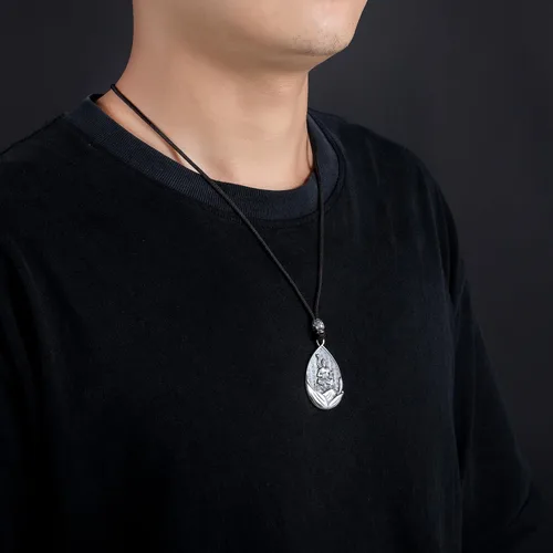 Vista 8 de AnuClub Collar con colgante de escultura de Buda Guanyin de plata de ley S999, amuleto de la suerte, joyería de San Patrono del zodiaco chino