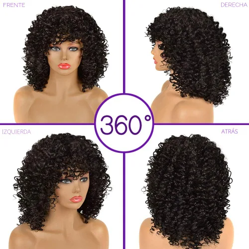 Vista 7 de YEAME Pelucas rizadas para mujeres negras, peluca rizada afro con flequillo, negro natural, resistente al calor, peluca completa de 15 pulgadas #1B