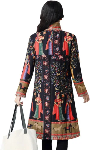 Vista 3 de IDEALSANXUN Abrigo largo de lino de algodón vintage estampado floral ligero gabardina con botón largo abajo chaqueta bata