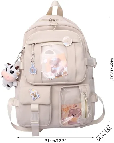 Vista 6 de Linda mochila con lindos accesorios de alfiler colgante de felpa para mochila escolar mochila estudiante niña, Beige, Grande, Mochilas de mochila