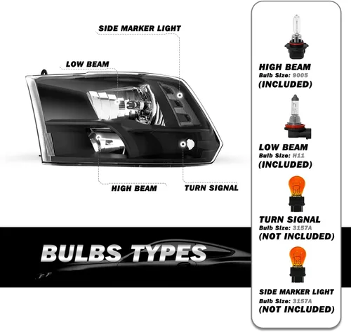 Vista 2 de SOCKIR Juego de faros delanteros para camioneta compatible con Dodge Ram 1500 2009-2018/Dodge Ram 2500 3500 2010-2018 OE Reemplazo de faros Carcasa