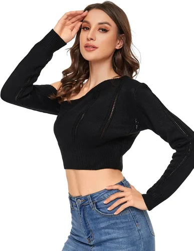 Vista 4 de WDIRARA Suéter corto de manga larga con cuello asimétrico para mujer